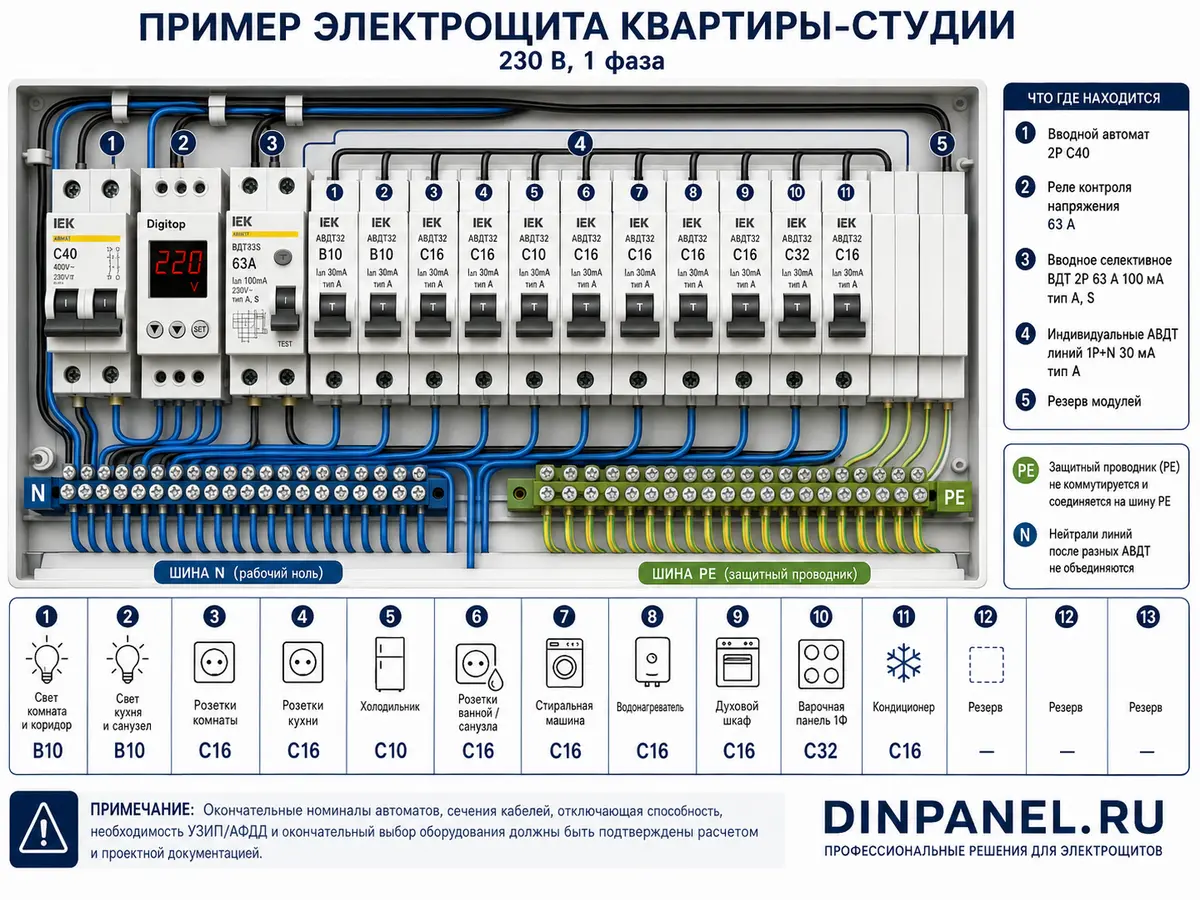 Собранный щит квартиры-студии на 230 В: вводной автомат C40, реле контроля напряжения, селективное УЗО 100 мА и одиннадцать линий на АВДТ 1P+N с шинами N и PE